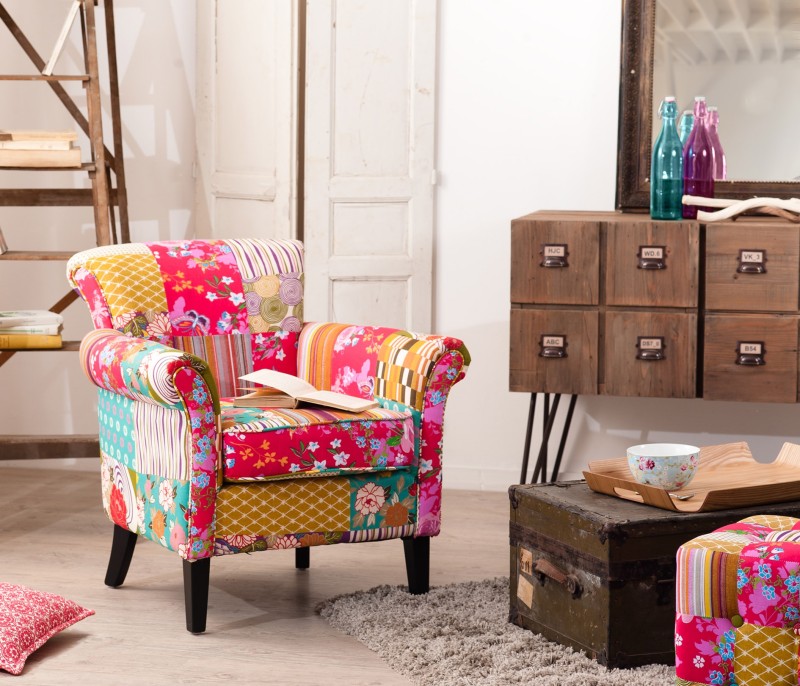 Fauteuil ALIÉNOR tissu bohème multicolore