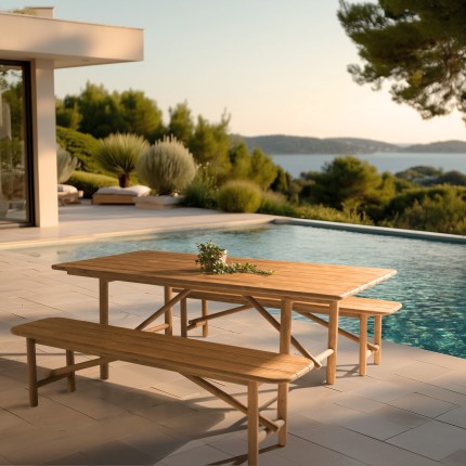 Recycled teak table and bench set | Macabane