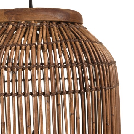 Suspension 28x28cm en rotin couleur marron et bois de teck recyclé | Macabane