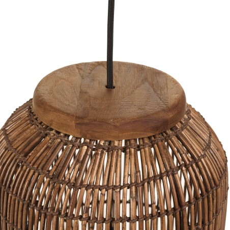 Suspension 28x28cm en rotin couleur marron et bois de teck recyclé | Macabane