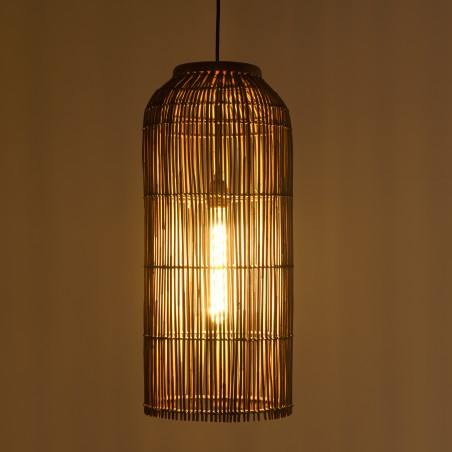 Suspension 28x28cm en rotin couleur marron et bois de teck recyclé | Macabane