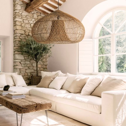 SIXTINE - 80x80cm pendant light in natural-coloured rattan and recycled teak