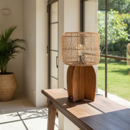 SIXTINE - 38x38cm lamp in natural-coloured rattan and recycled teak