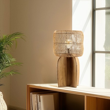 Lampe 38x38cm en rotin couleur naturelle et bois de teck recyclé | Macabane