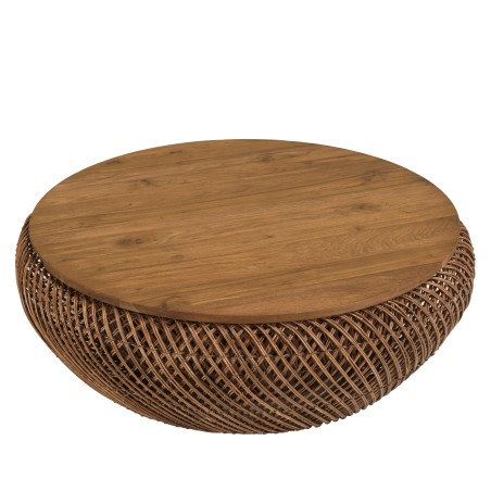 Salontafel van bruin rotan en gerecycled teakhout D80cm | Macabane