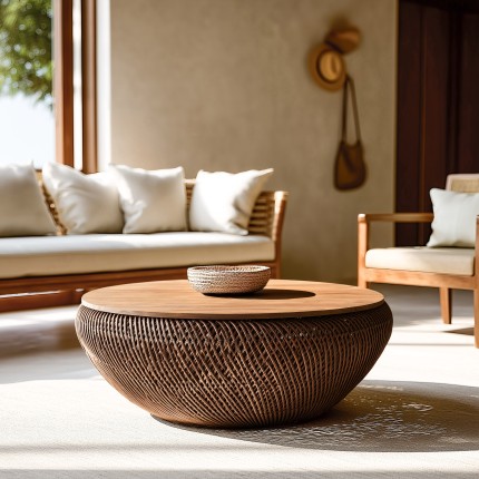 SIXTINE - Brown rattan and recycled teak coffee table, diameter 100cm
