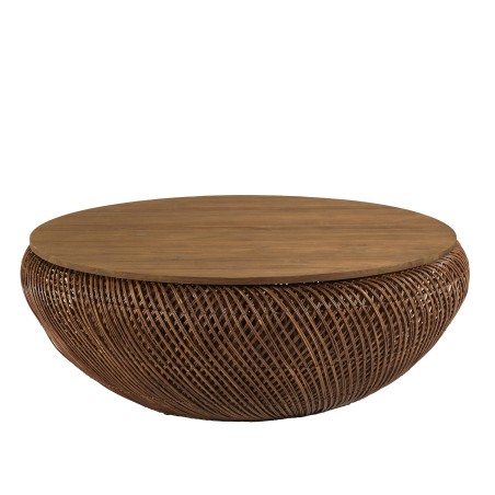 Salontafel van bruin rotan en gerecycled teakhout D100cm | Macabane