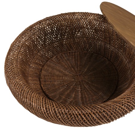 SIXTINE - Brown rattan and recycled teak coffee table, diameter 100cm