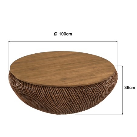 Salontafel van bruin rotan en gerecycled teakhout D100cm | Macabane