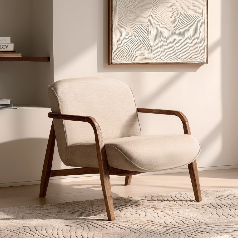 Sillón de tejido beige y madera de teca reciclada | Macabane