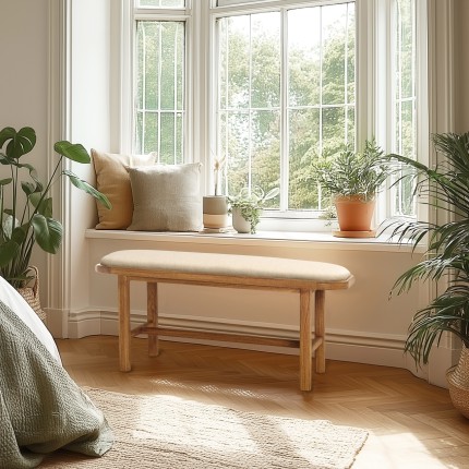 Bench with white cushion in wood and rattan | Amy Collection