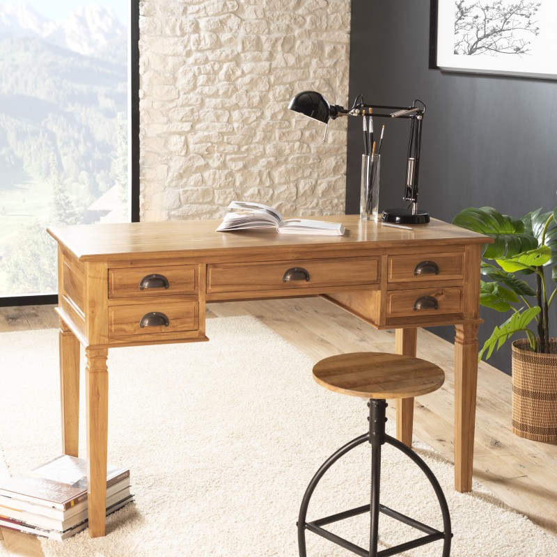 SECOND-HAND - Brown teak wood desk with 5 drawers