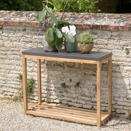 SECONDE MAIN - Console rect. double plateau effet béton foncé et bois acacia