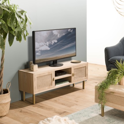 Meuble TV bois 2 niches 2 portes toile de jute pieds doré | Seconde Main