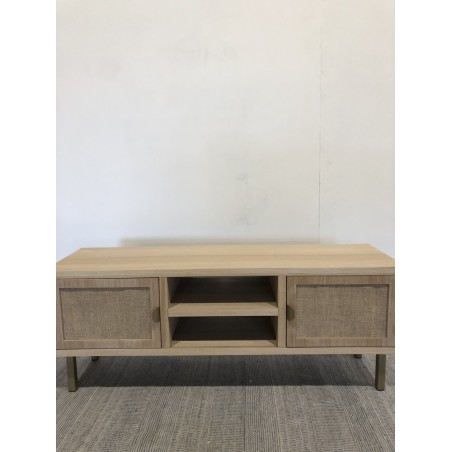 Meuble TV bois 2 niches 2 portes toile de jute pieds doré | Seconde Main