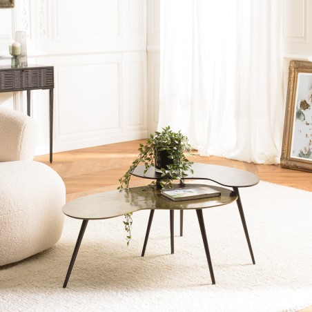 SECOND-HAND - Set of 2 oval coffee tables in matt black and gold aluminium