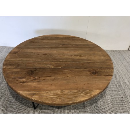 Table basse ronde 90x90cm bois Pin recyclé et pieds métal noir | Seconde Vie