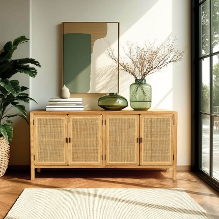 Buffet 4 portes 170cm en bois de mindi et rotin naturel | Macabane