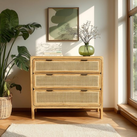 Ladekast 3 lades 100cm van mindihout en naturel rotan