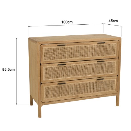 Ladekast 3 lades 100cm van mindihout en naturel rotan