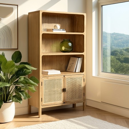 Bücherregal 2 Türen 3 Böden H180cm aus Mindiholz und Rattan | Macabane