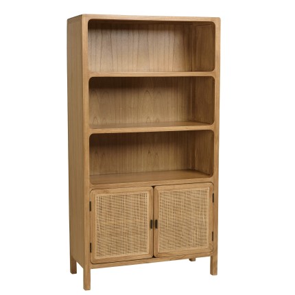 Bibliothèque 2 portes 3 étagères H180cm en bois de mindi et rotin | Macabane