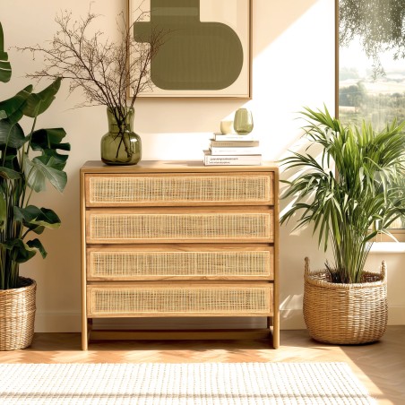 Cassettiera 4 cassetti 90cm in legno di mindi e rattan naturale