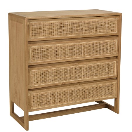 Cassettiera 4 cassetti 90cm in legno di mindi e rattan naturale