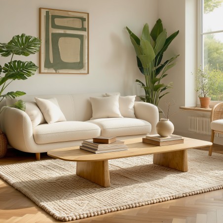 AMY - Organic coffee table, 147cm wide x 28cm high, made from mindi wood
