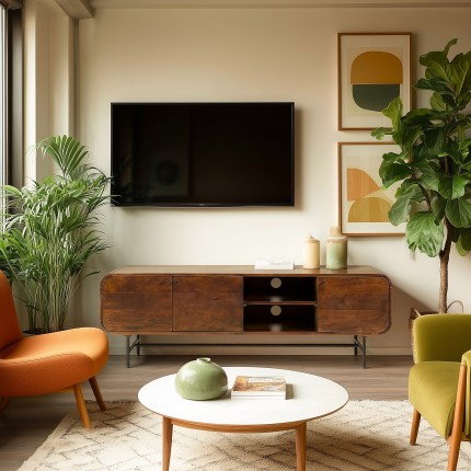 Stylish TV stand in dark wood and black metal with 3 doors | Macabane