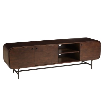 Stylish TV stand in dark wood and black metal with 3 doors | Macabane