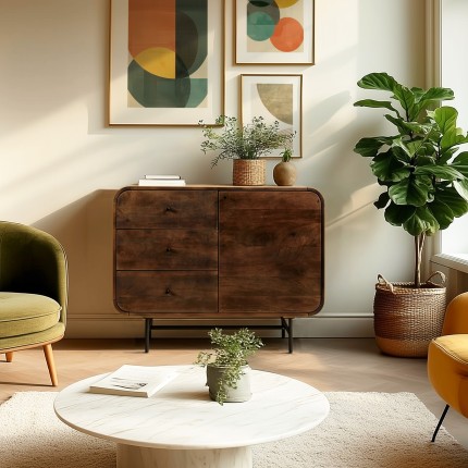 Buffet design bois foncé et métal noir 1 porte 3 tiroirs | Macabane