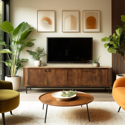 Meuble TV design bois foncé et métal noir 4 portes | Macabane