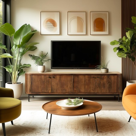 Design-TV-Möbel dunkles Holz und schwarzes Metall 4 Türen | Macabane
