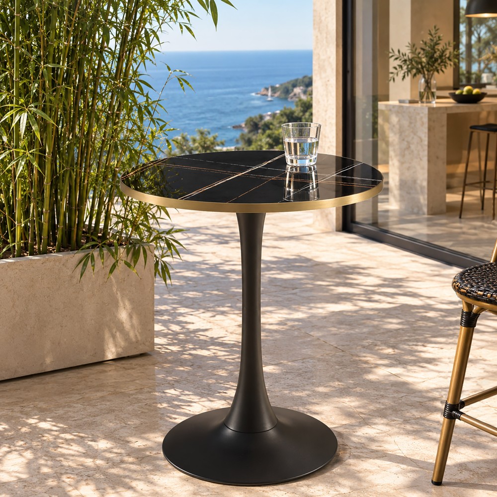ICARE - Ensemble n°3: table bistrot D70cm en céramique marbré noir