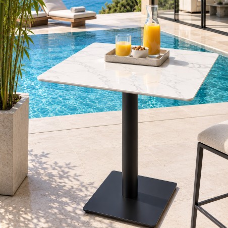 ICARE - Ensemble n°2: table bistrot 70x70cm en céramique marbré blanc