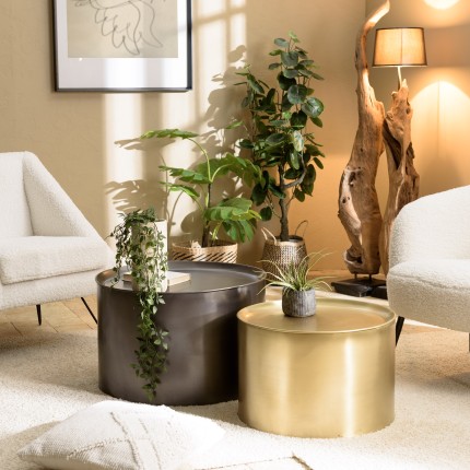 JOHAN - Set of 2 Round Side Tables in Anthracite Grey and Gold Metal