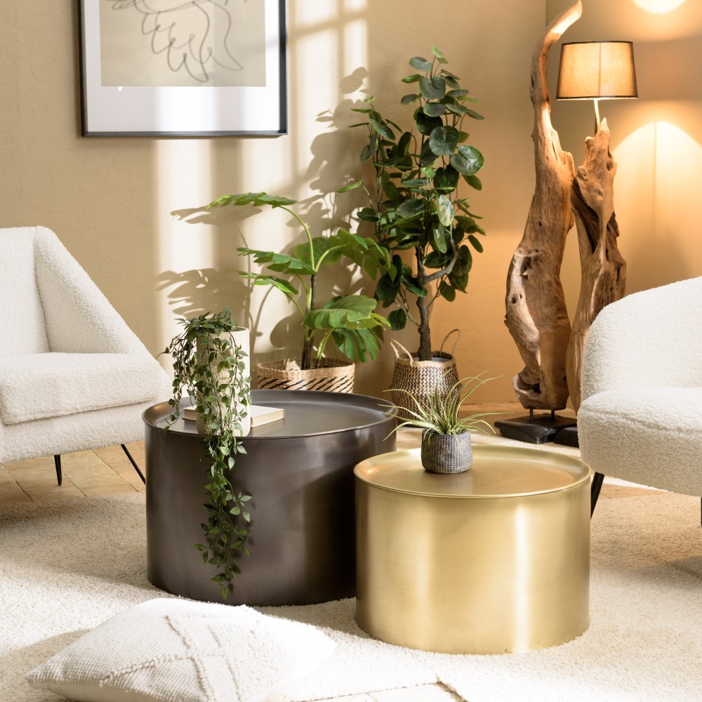 JOHAN - Set of 2 Round Side Tables in Anthracite Grey and Gold Metal