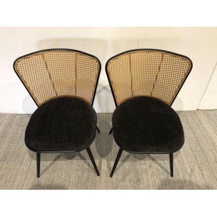 LEA Set of 2 Chairs - Black Fabric Seat & Cane-Effect Backrest