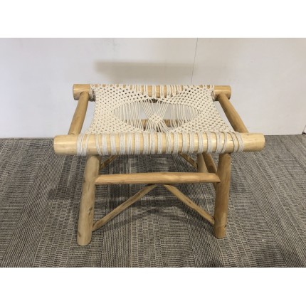 Seconde Main - Tabouret en teck naturel et macramé blanc