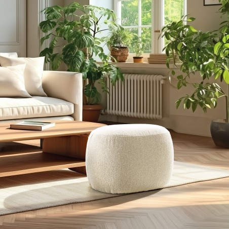 Pouf forme design en tissu petite bouclette beige  | Meubles Macabane
