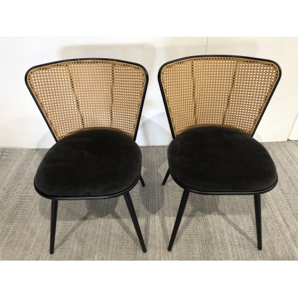 LEA Set of 2 Chairs - Black Fabric Seat & Cane-Effect Backrest