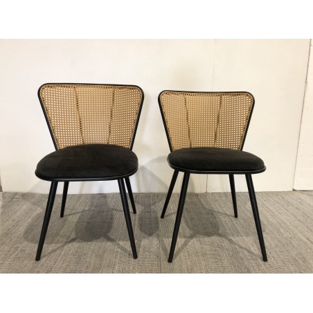 LEA Set of 2 Chairs - Black Fabric Seat & Cane-Effect Backrest