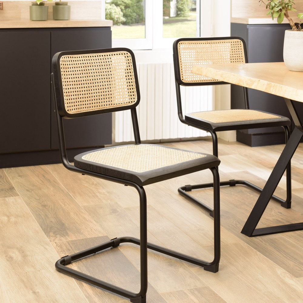 PIERRE - Set of 2 Chairs with Black Wood Seat and Rattan Backrest