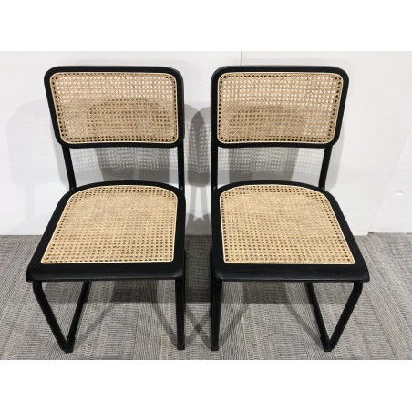 2er-Set Stühle schwarzes Holz/Naturrattan Metall