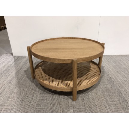 Table basse en bois 80.5cm avec tablette en rotin | Seconde Main
