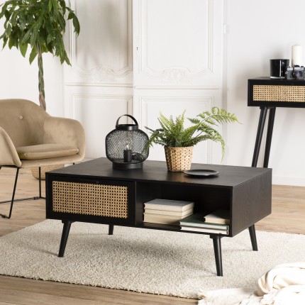 Couchtisch schwarz Holz ANGELO - 2 Schubladen und 1 Fach mit Wiener Geflecht
