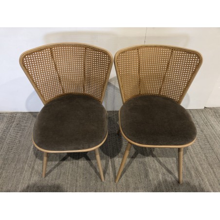 SECONDE MAIN - Lot de 2 chaises assise tissu taupe dossier effet cannage
