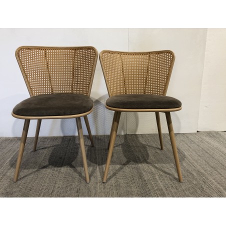 LEA Set of 2 Chairs with Taupe Fabric Seat and Wide Cane-Effect Backrest
