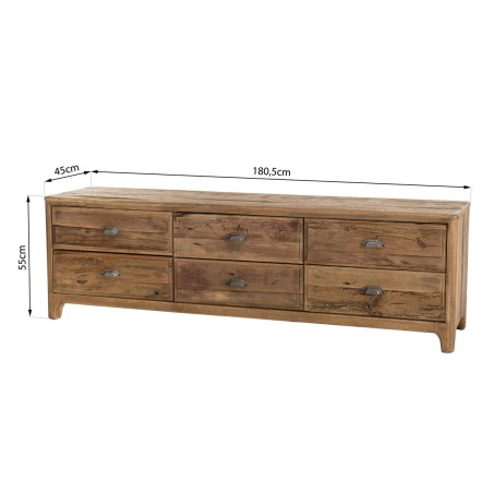 Brown TV cabinet with 6 drawers, recycled pine wood | Second Hand
